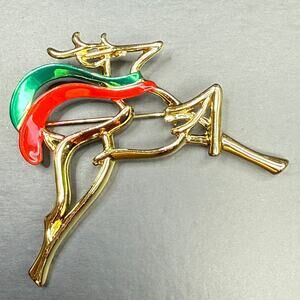 Signed DaneCraft Vintage Gold Reindeer Wearing Christmas Enamel Scarf